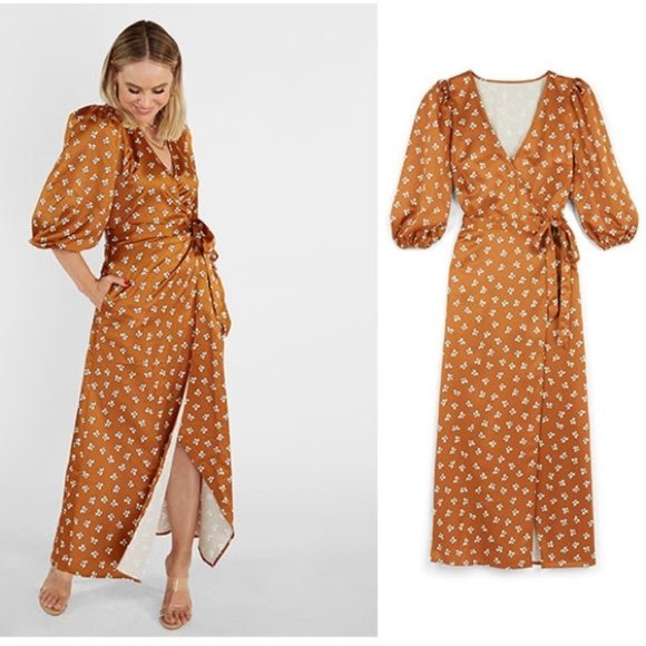 LADYGANG FLORAL SATIN WRAP MIDI DRESS  small - Picture 1 of 5
